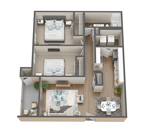 a 3d floor plan of a bedroom with a bathroom and a living room